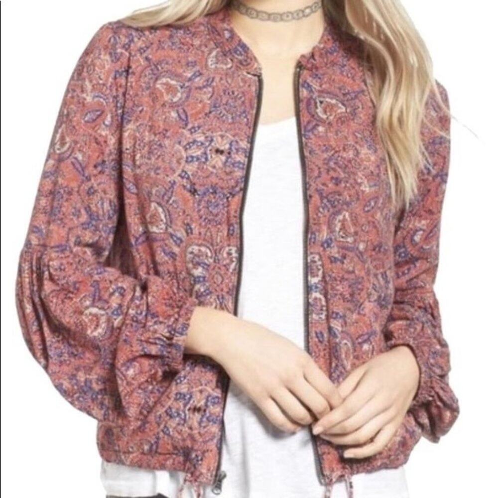 Free People Bomber Jacket Pink Floral Paisley Print Balloon Sleeve Size Medium